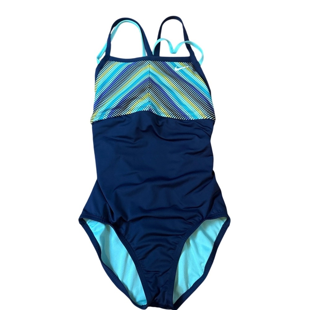 Nike One Piece Swimsuit Women Blue Chevron Athletic Racerback‎ SIZE Small